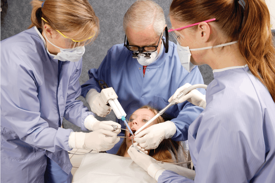 Figure 1: Six-handed dentistry is a definite way to increase practice productivity. Some dentists use six-handed dentistry on most procedures, while others use it only on more demanding procedures.