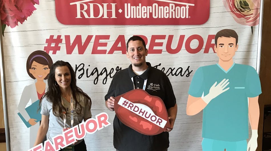 Michelle Strange, RDH, with her podcast cohost, Andrew Johnston, RDH, at the 2019 RDH Under One Roof conference