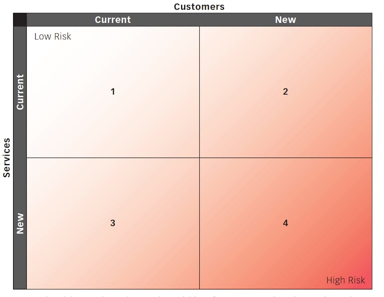 Figure 1: The High-Growth Matrix uses the variables of customers and services to determine the level of risk.