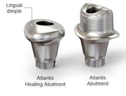 Figure 1: Comparison of a milled, solid titanium custom healing abutment (Atlantis Custom Healing Abutment, or AHA) and an Atlantis abutment Figure 1: Comparison of a milled, solid titanium custom healing abutment (Atlantis Custom Healing Abutment, or AHA) and an Atlantis abutment
