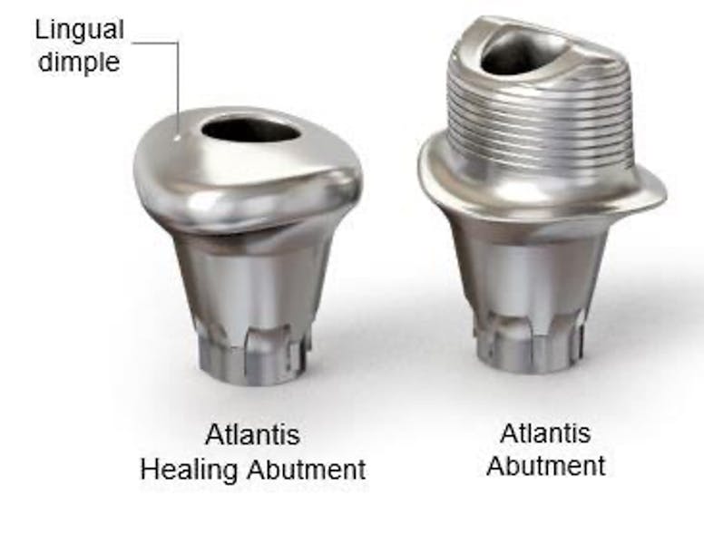 Figure 1: Comparison of a milled, solid titanium custom healing abutment (Atlantis Custom Healing Abutment, or AHA) and an Atlantis abutment