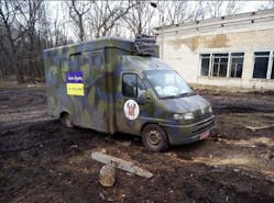 From a German post van to Ukrainian bread delivery truck and finally mobile dental clinic, this transport was destroyed in explosion near Mariupol.