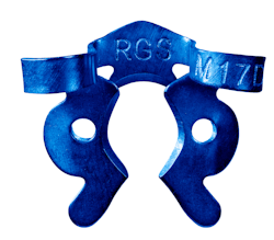 Figure 11: M17D clamp with blue NiTi coating: note the jaw design allowing distal access for molars Figure 11: M17D clamp with blue NiTi coating: note the jaw design allowing distal access for molars