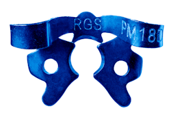 Figure 12: PM18D clamp with blue NiTi coating for distal premolar access when the premolar has a missing adjacent tooth Figure 12: PM18D clamp with blue NiTi coating for distal premolar access when the premolar has a missing adjacent tooth