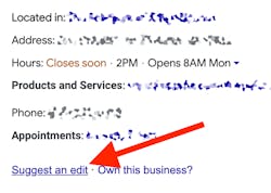 Figure 1: Example of how users can suggest an edit on a Google listing