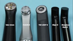 Figure 5: It’s easy to accidentally get resin cure on the light guide tip with some brands, especially if the tip is fiber-optic. Note the difference in diameter and angulation of the light guides. 12 mm or more is optimal. Figure 5: It’s easy to accidentally get resin cure on the light guide tip with some brands, especially if the tip is fiber-optic. Note the difference in diameter and angulation of the light guides. 12 mm or more is optimal.