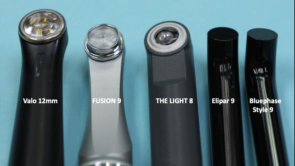 Figure 5: It&rsquo;s easy to accidentally get resin cure on the light guide tip with some brands, especially if the tip is fiber-optic. Note the difference in diameter and angulation of the light guides. 12 mm or more is optimal.