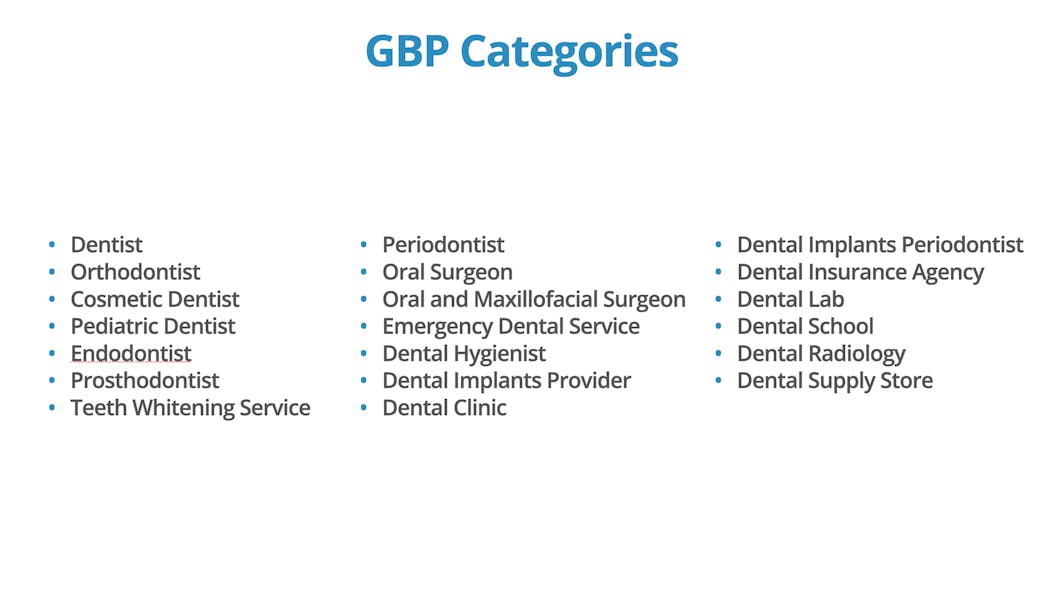 GBP categories for dentists