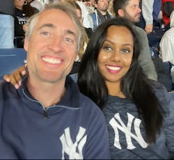 Jeff and me at Yankees baseball during the playoffs last year! We&apos;re both huge baseball fans so watching games is a big favorite activity of mine.