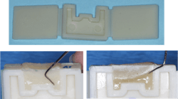 Figure 5: A mold developed by Ultradent allows simple observation of resin cure, using any variable the operator is testing. This figure shows the result of adequate multipositioning cure of the light on both box forms and in the center of the restoration with a fully cured composite (lower left) versus just randomly moving the light in a circle, producing uncured resin especially in the box forms (lower right).