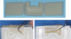 Figure 5: A mold developed by Ultradent allows simple observation of resin cure, using any variable the operator is testing. This figure shows the result of adequate multipositioning cure of the light on both box forms and in the center of the restoration with a fully cured composite (lower left) versus just randomly moving the light in a circle, producing uncured resin especially in the box forms (lower right). Figure 5: A mold developed by Ultradent allows simple observation of resin cure, using any variable the operator is testing. This figure shows the result of adequate multipositioning cure of the light on both box forms and in the center of the restoration with a fully cured composite (lower left) versus just randomly moving the light in a circle, producing uncured resin especially in the box forms (lower right).