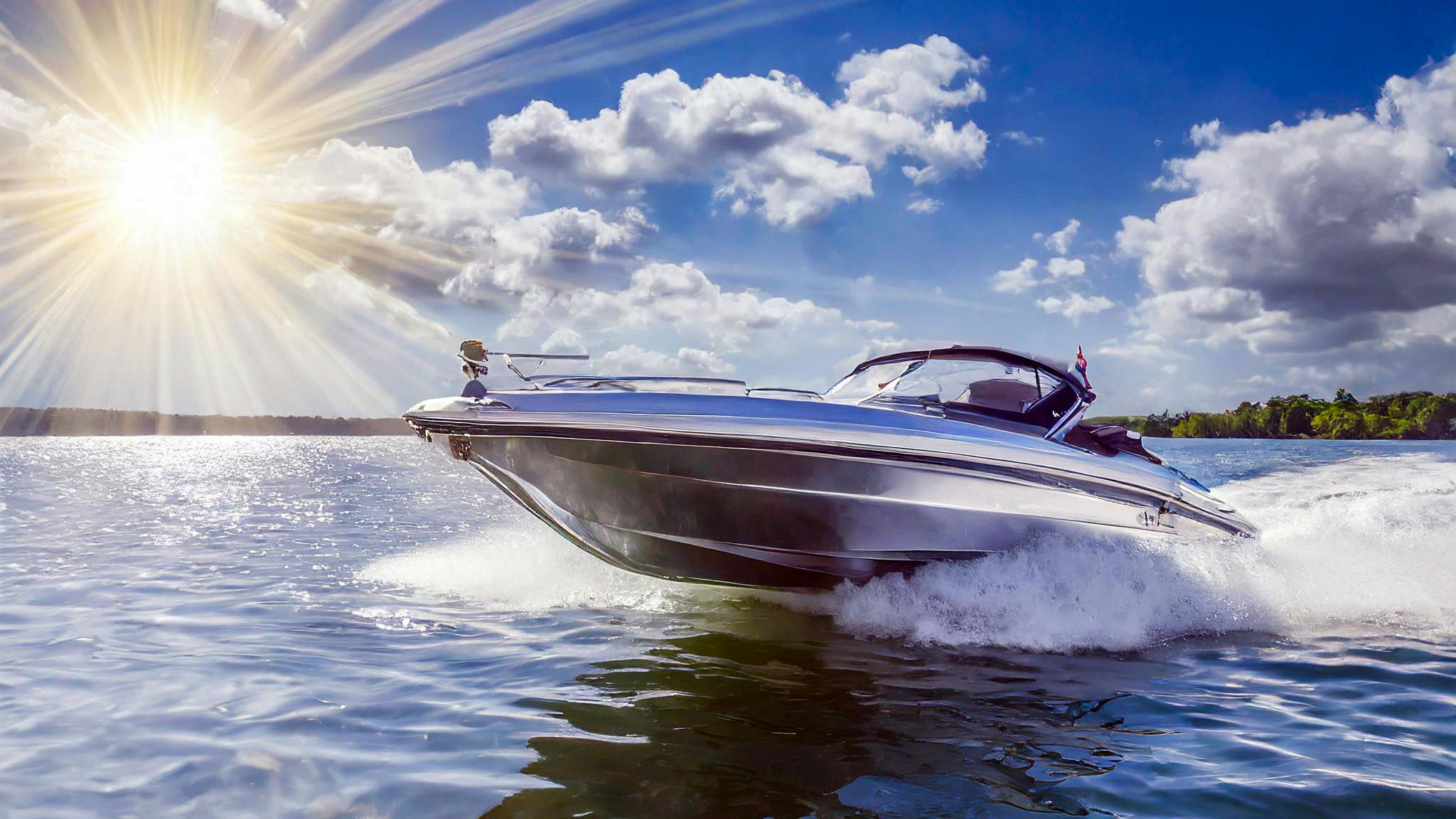 firefly_silver_speedboat_dramatic_blue_skies_with_