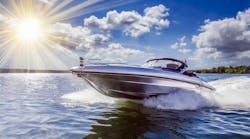 firefly_silver_speedboat_dramatic_blue_skies_with_