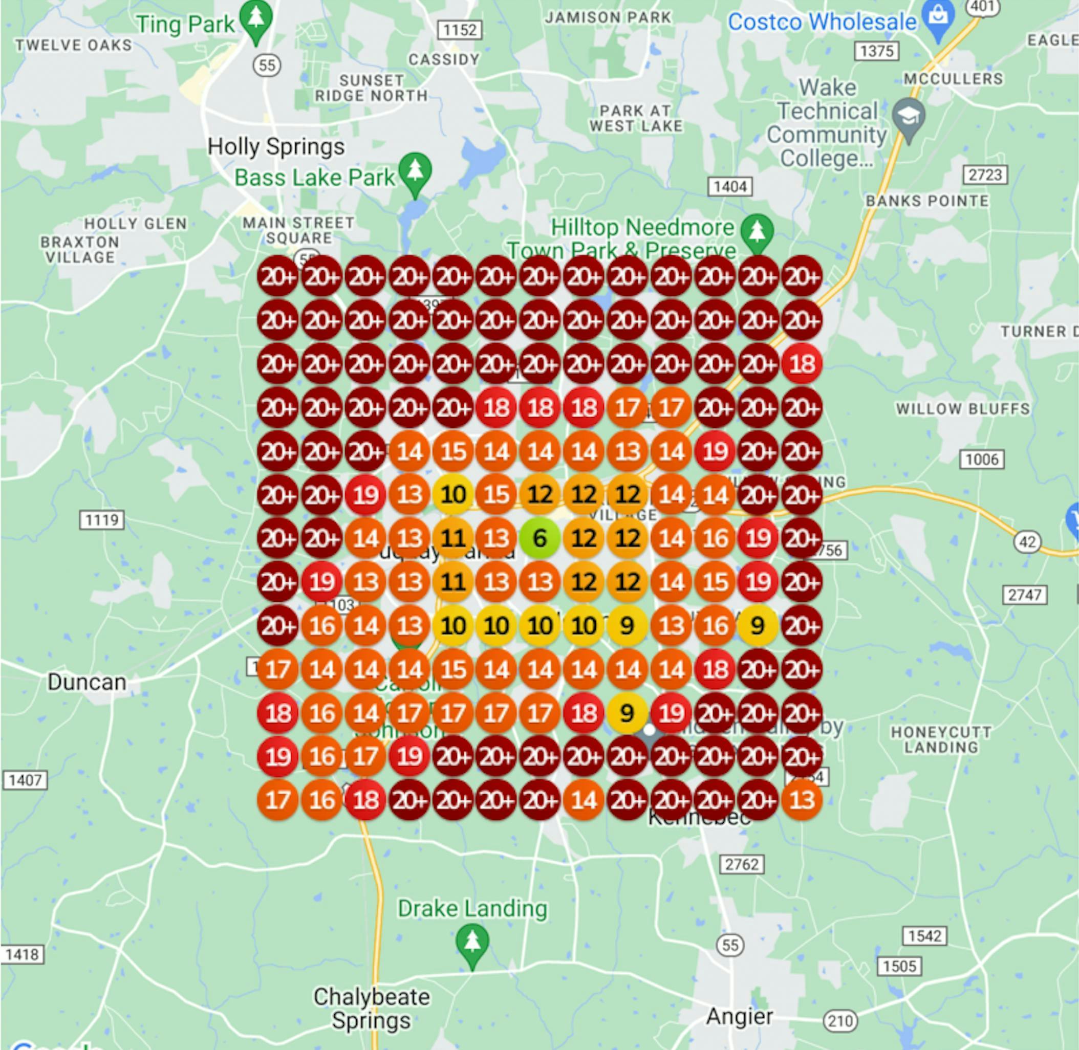 Figure 2: Google heat map for the search phrase 'dental implants near me.' Figure 2: Google heat map for the search phrase 'dental implants near me.'
