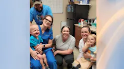 The Emmick family, left: Weston's mother holding him, his father behind them. Center, lab technician Julie Bostwick, and Dr. Deitz, right, holding her daughter. The two used an impression of Dr. Deitz's daughter's teeth to create Weston's dentures.