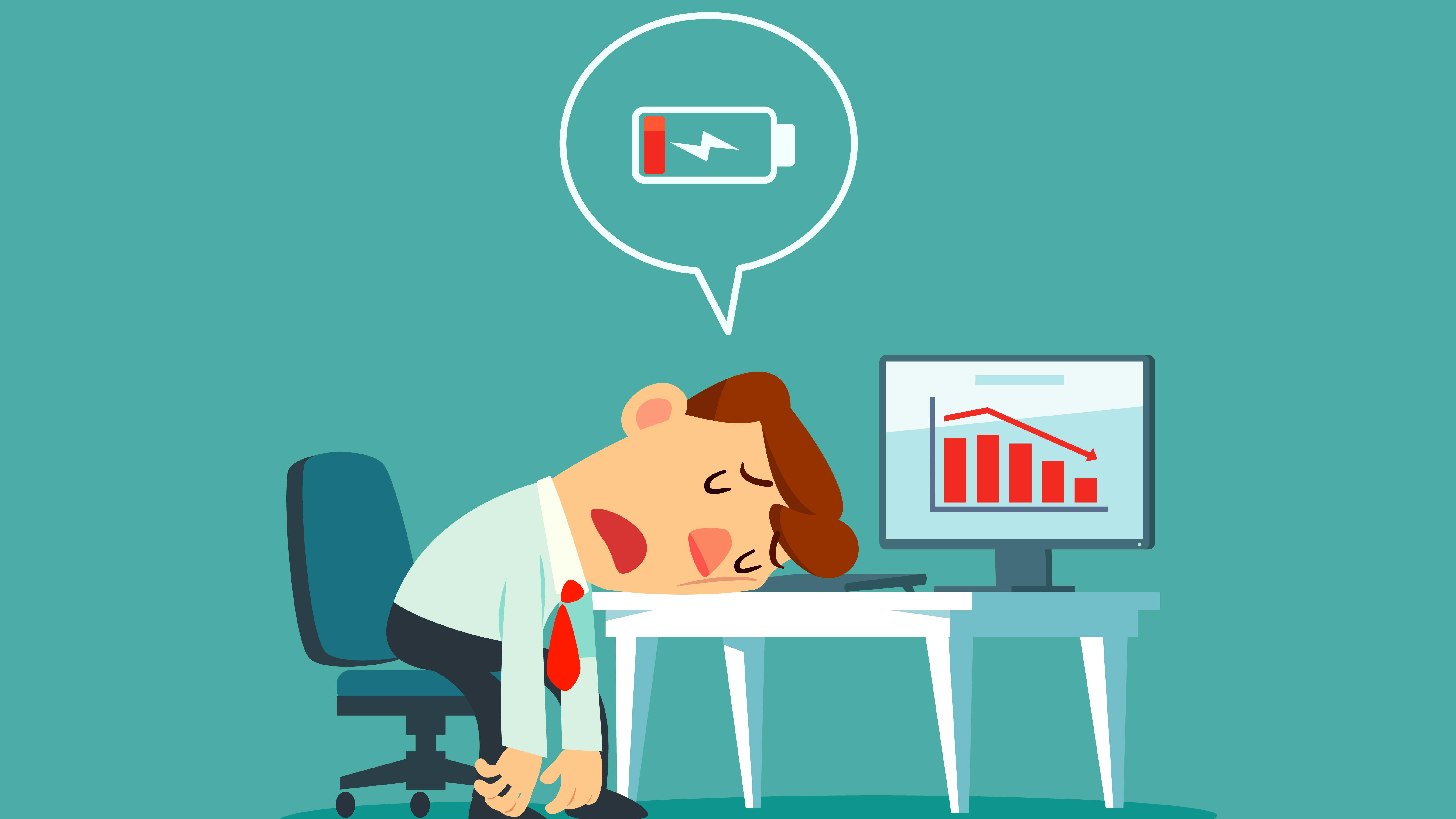 Exhausted businessman collapsed in front of a falling business growth chart.