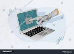 illustration of laptop with person touching the screen that that has a lock on it illustration of laptop with person touching the screen that that has a lock on it