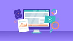 Graphic showing computer monitor, video icon, chart icons, clock icon Graphic showing computer monitor, video icon, chart icons, clock icon