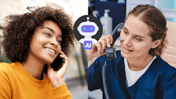 Women talking on the phone with a robot AI illustration in the middle Women talking on the phone with a robot AI illustration in the middle
