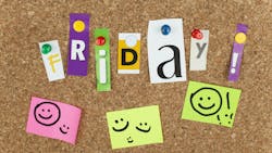 The word 'Friday!' tacked to a bulletin board The word 'Friday!' tacked to a bulletin board
