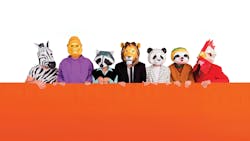 People wearing animal masks sitting at a table People wearing animal masks sitting at a table