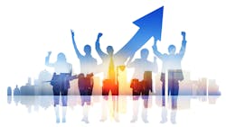 Silhouette of several people, a skyline, and upward arrow Silhouette of several people, a skyline, and upward arrow