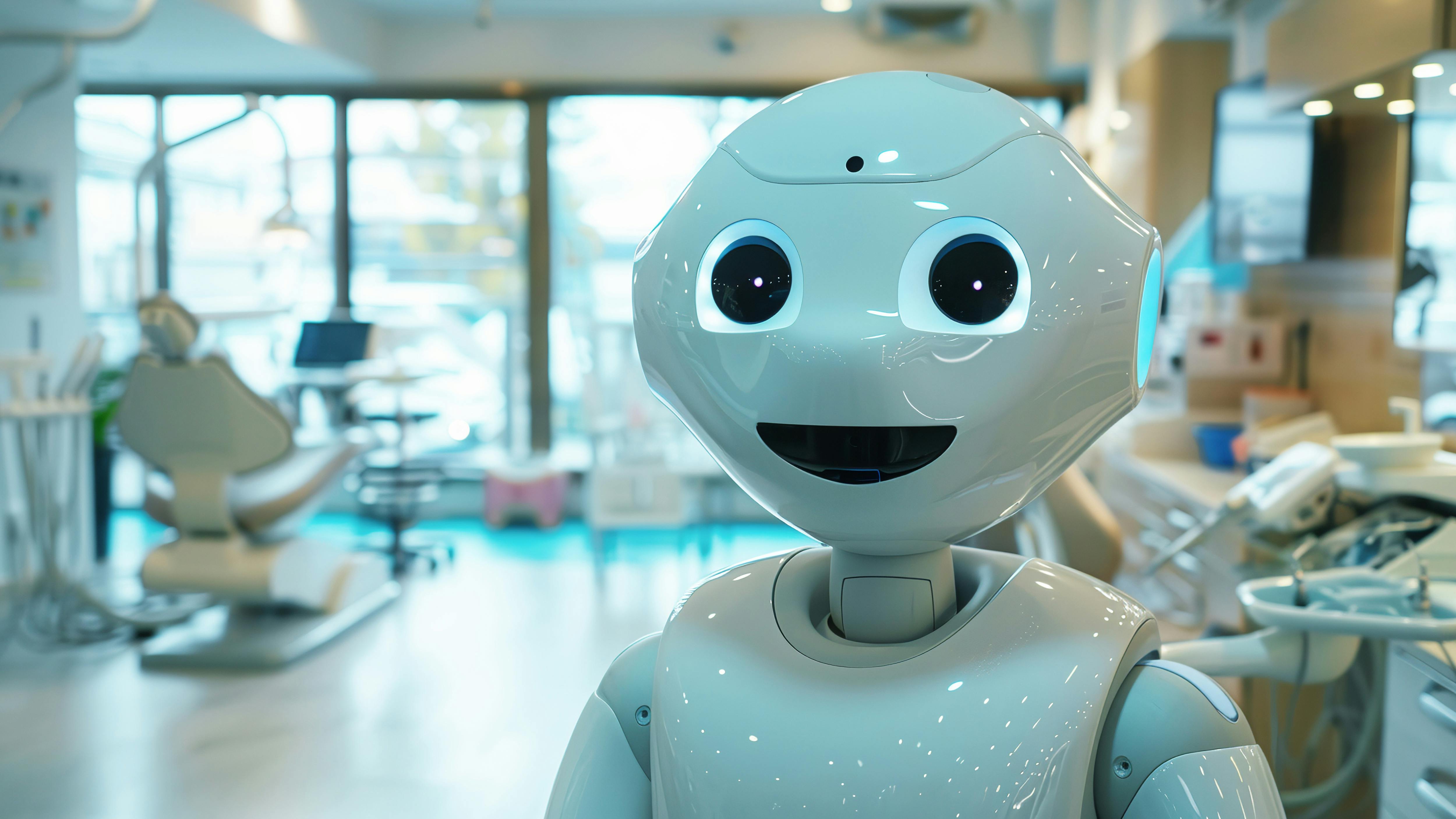 Robot stands in dental operatory and smiles at camera