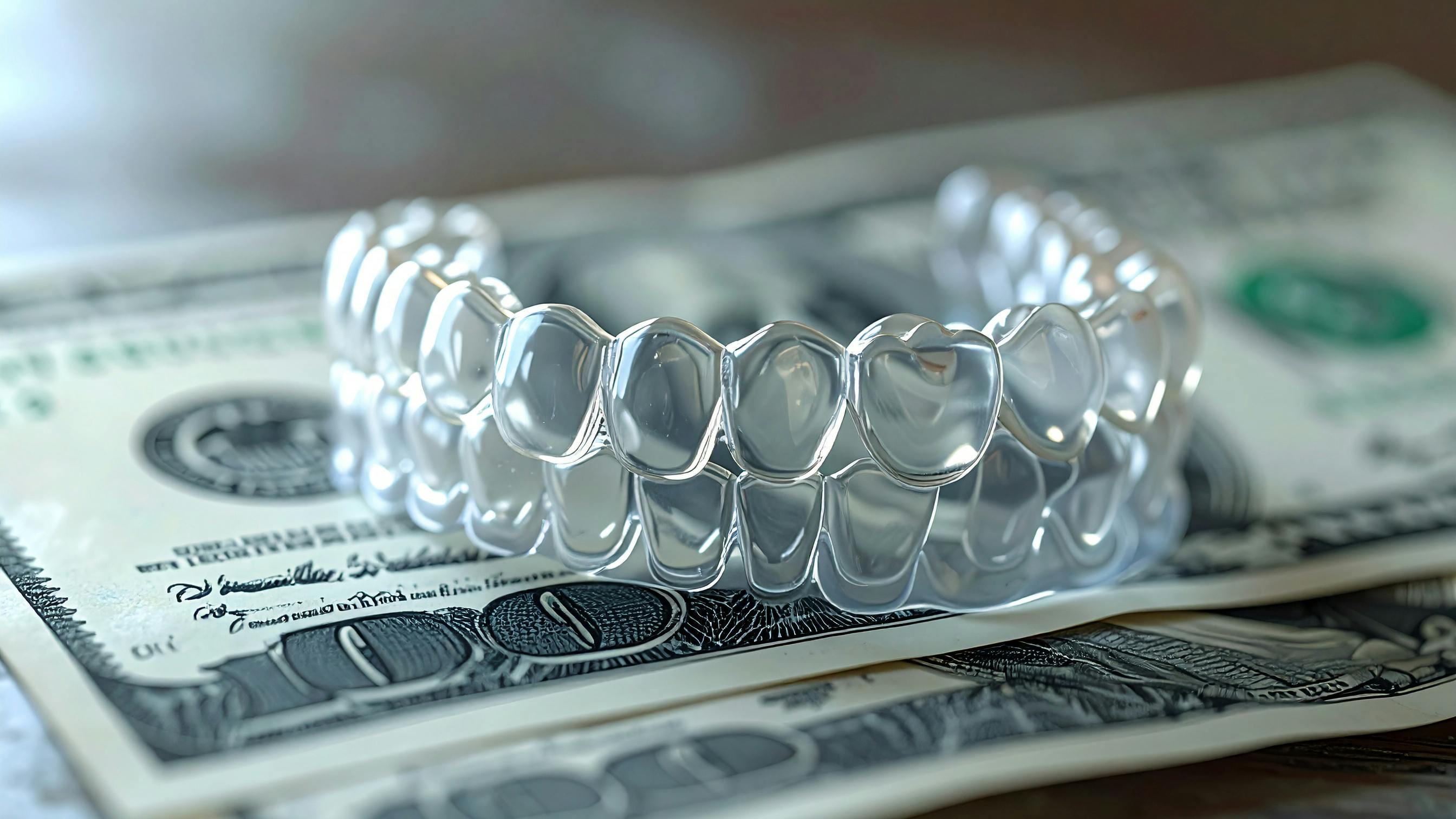 A set of dental clear aligners sitting on top of $100 bills