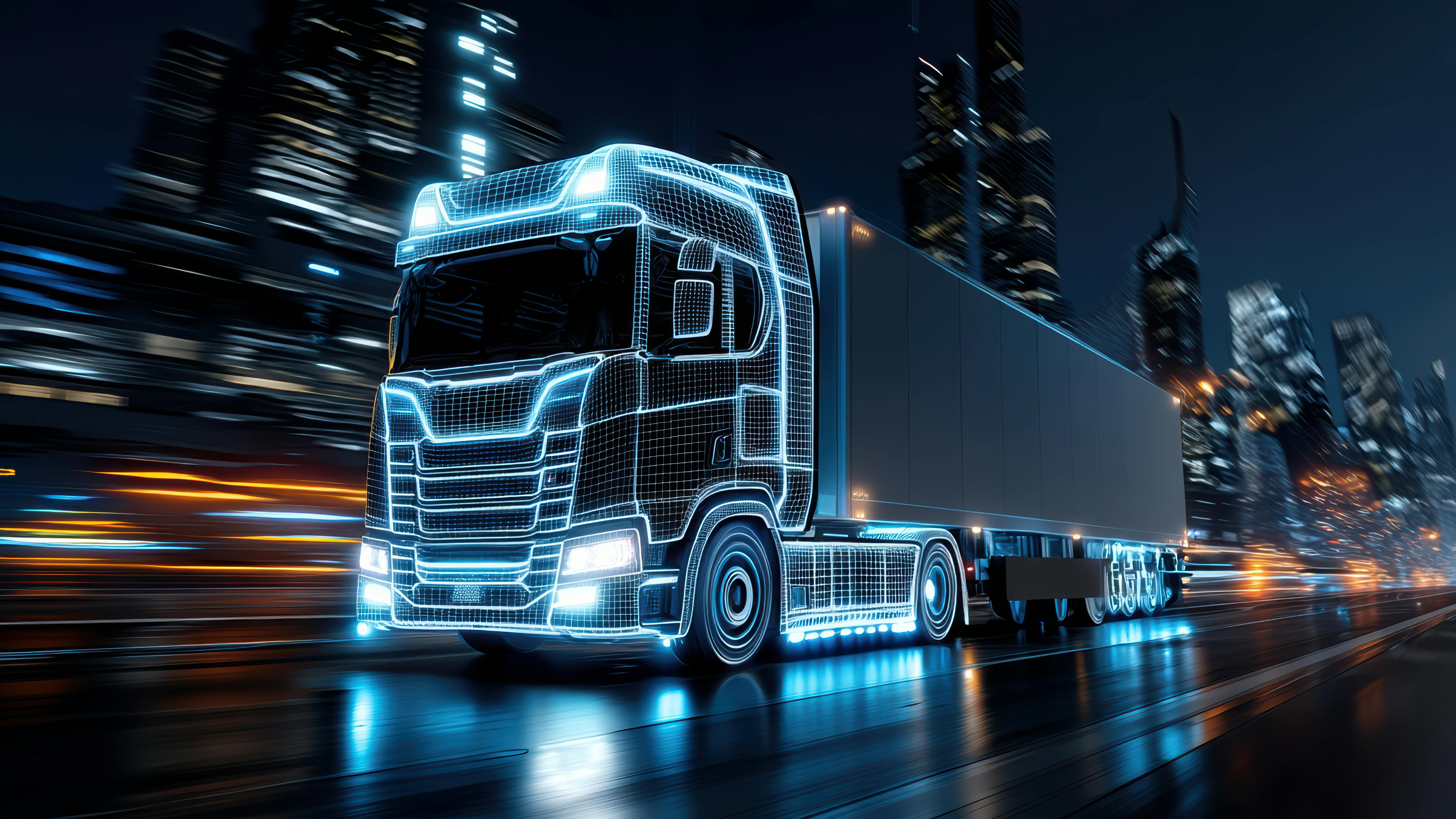 Digital rendering of a semi-truck with a cityscape in the background