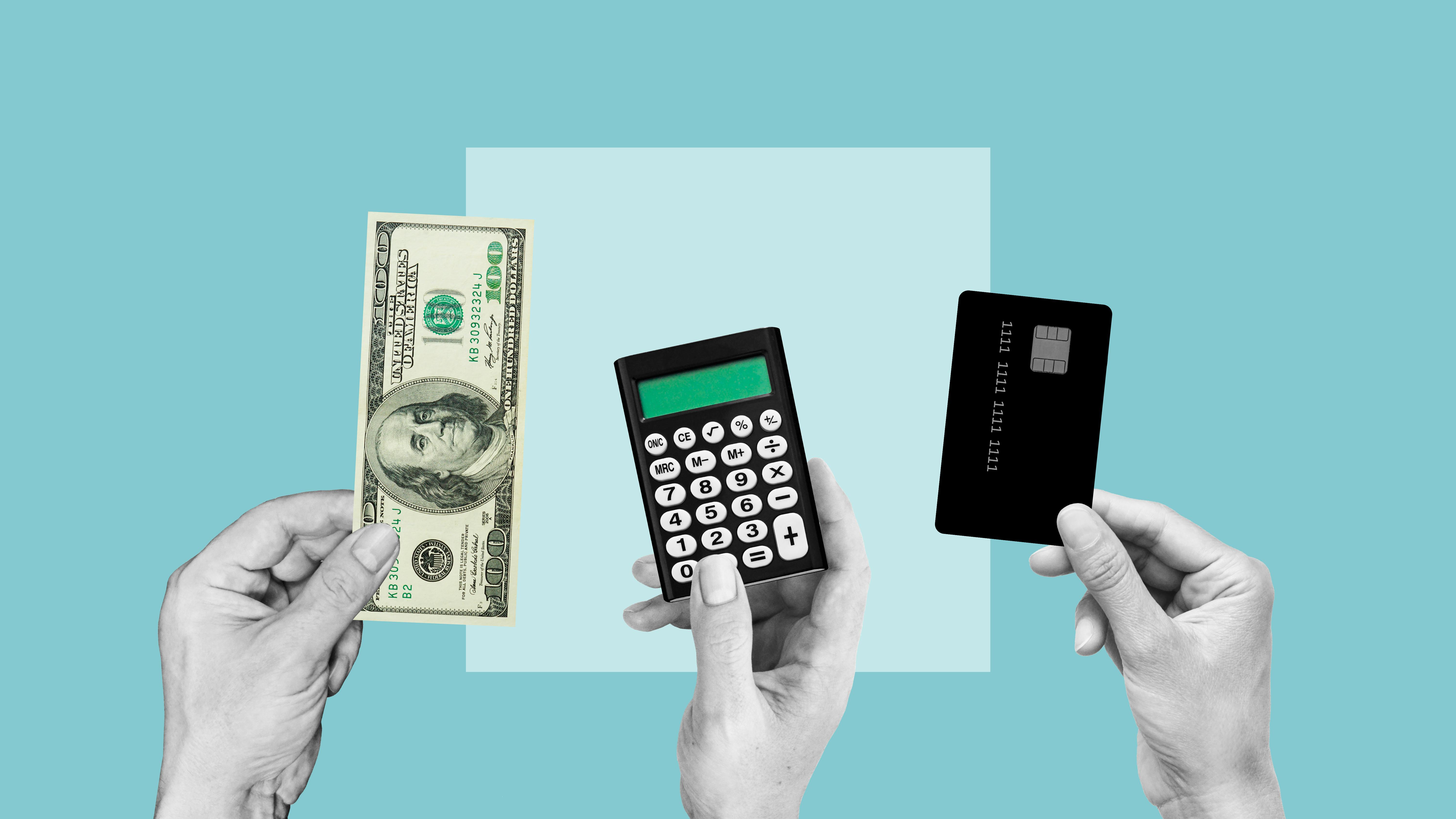 Three hands holding cash, a calculator, and a credit card