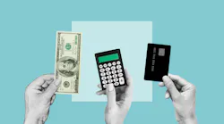 Three hands holding cash, a calculator, and a credit card