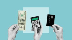 Three hands holding cash, a calculator, and a credit card Three hands holding cash, a calculator, and a credit card