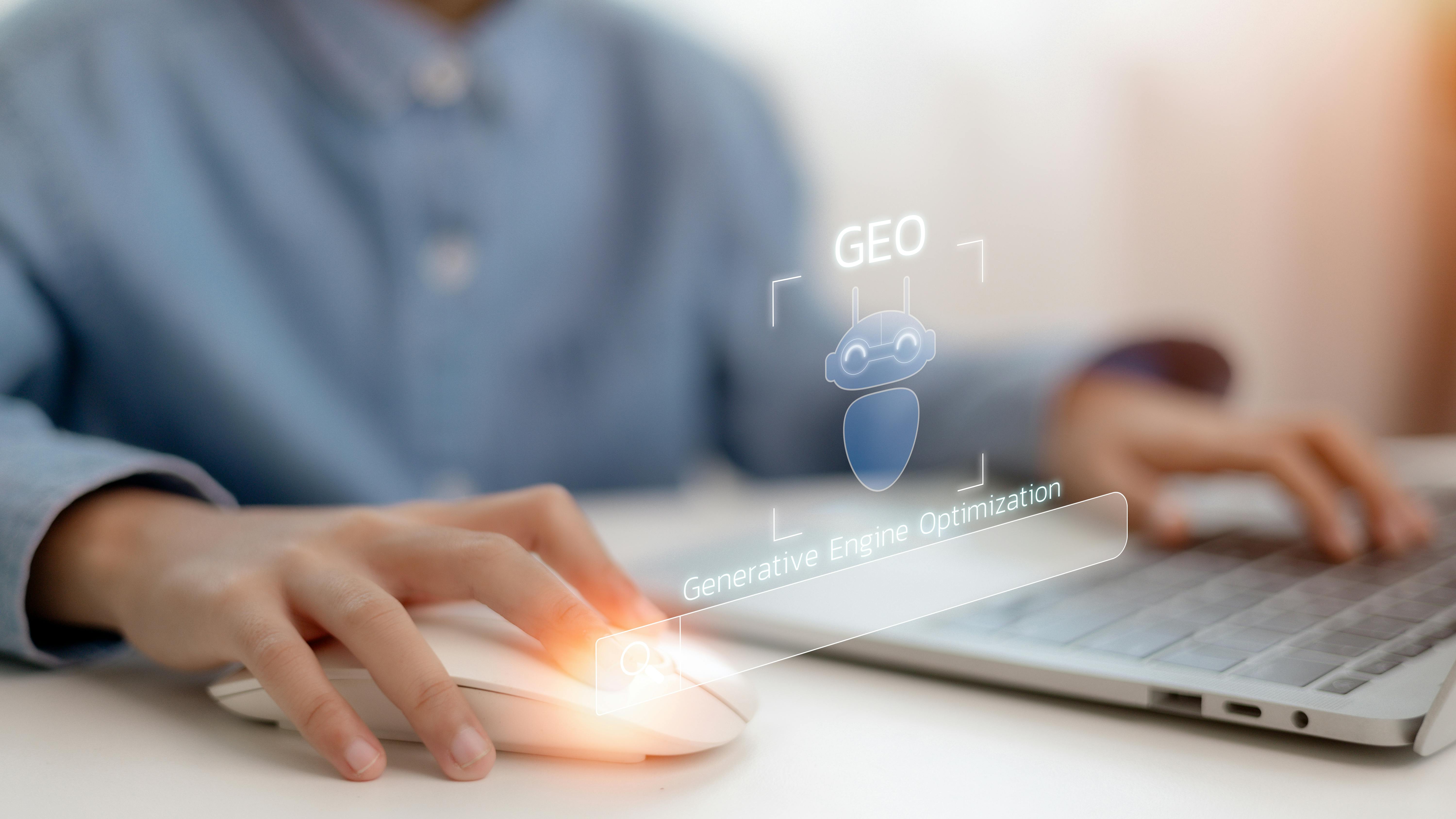 Person sitting at desktop computer with superimposed graphic of a robot and the text 'GEO'