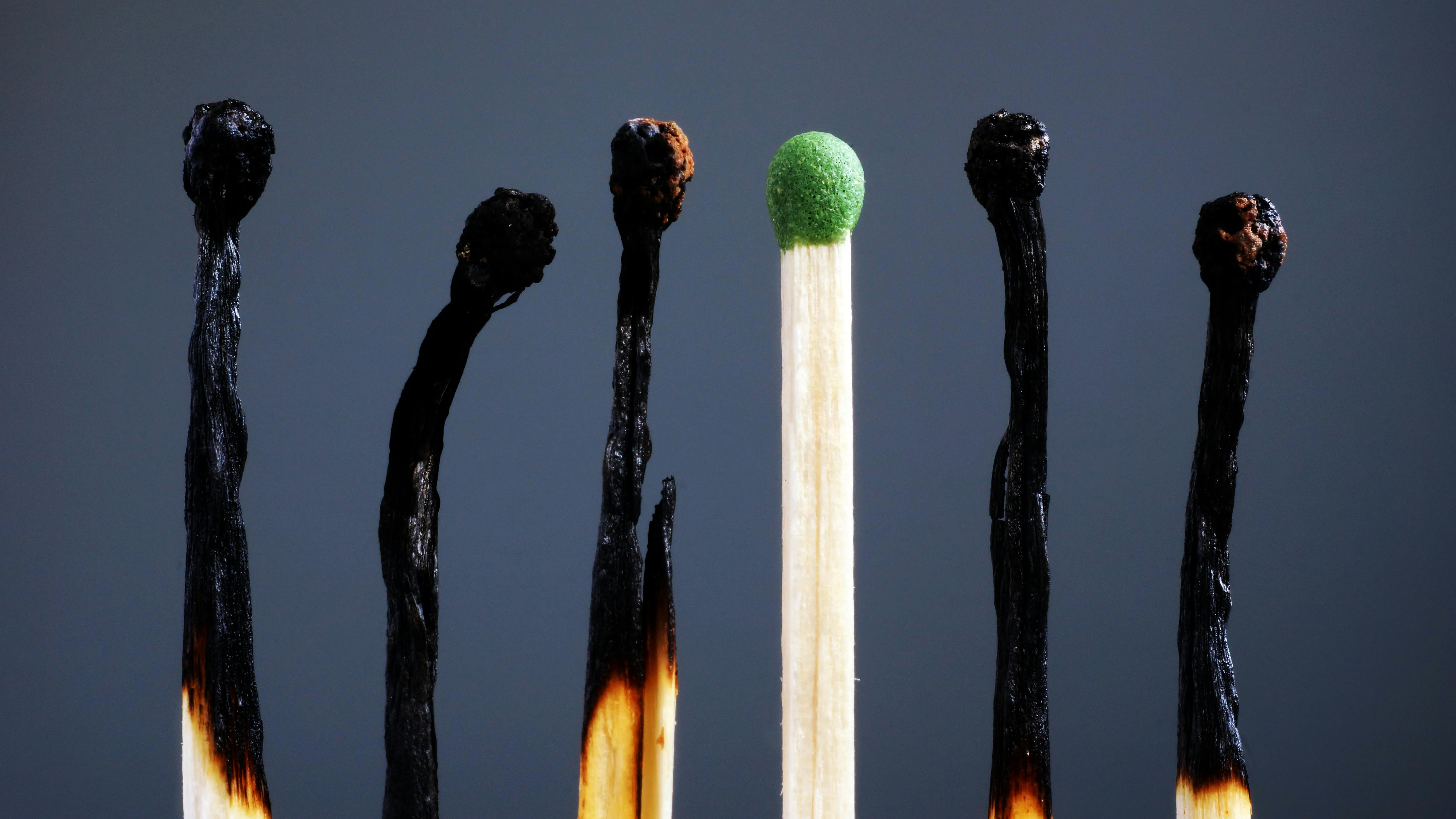 Several burnt matches surrounding one new match