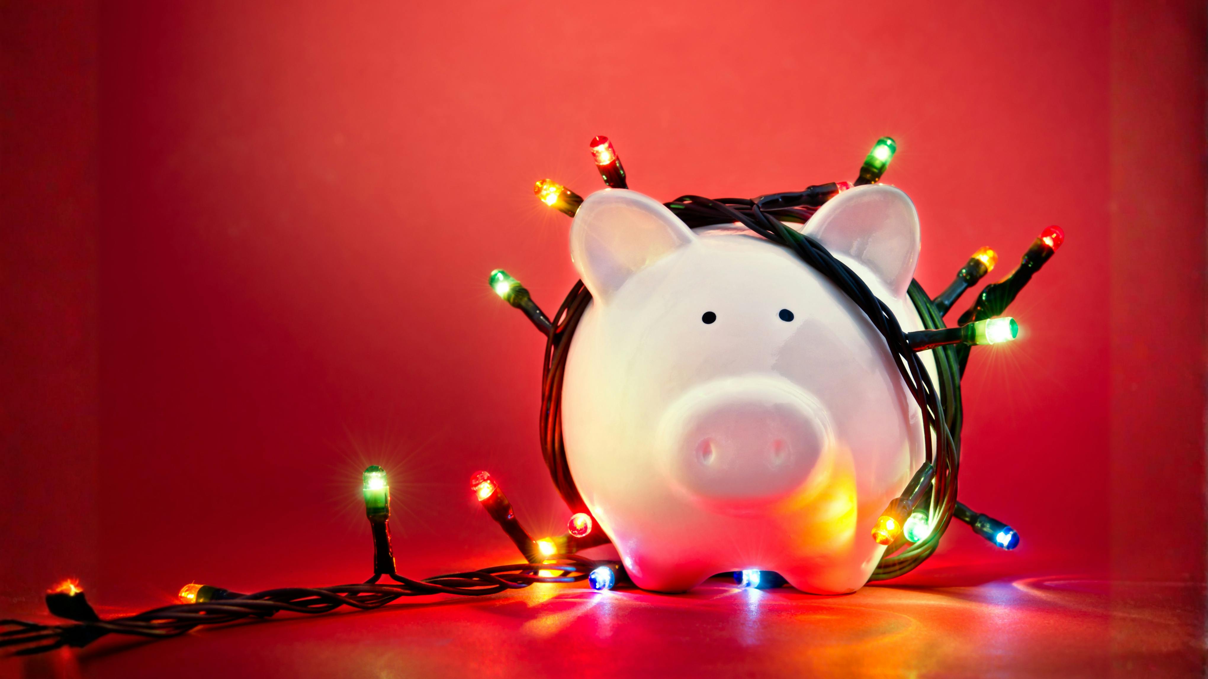 Piggy bank on red background wrapped in Christmas lights