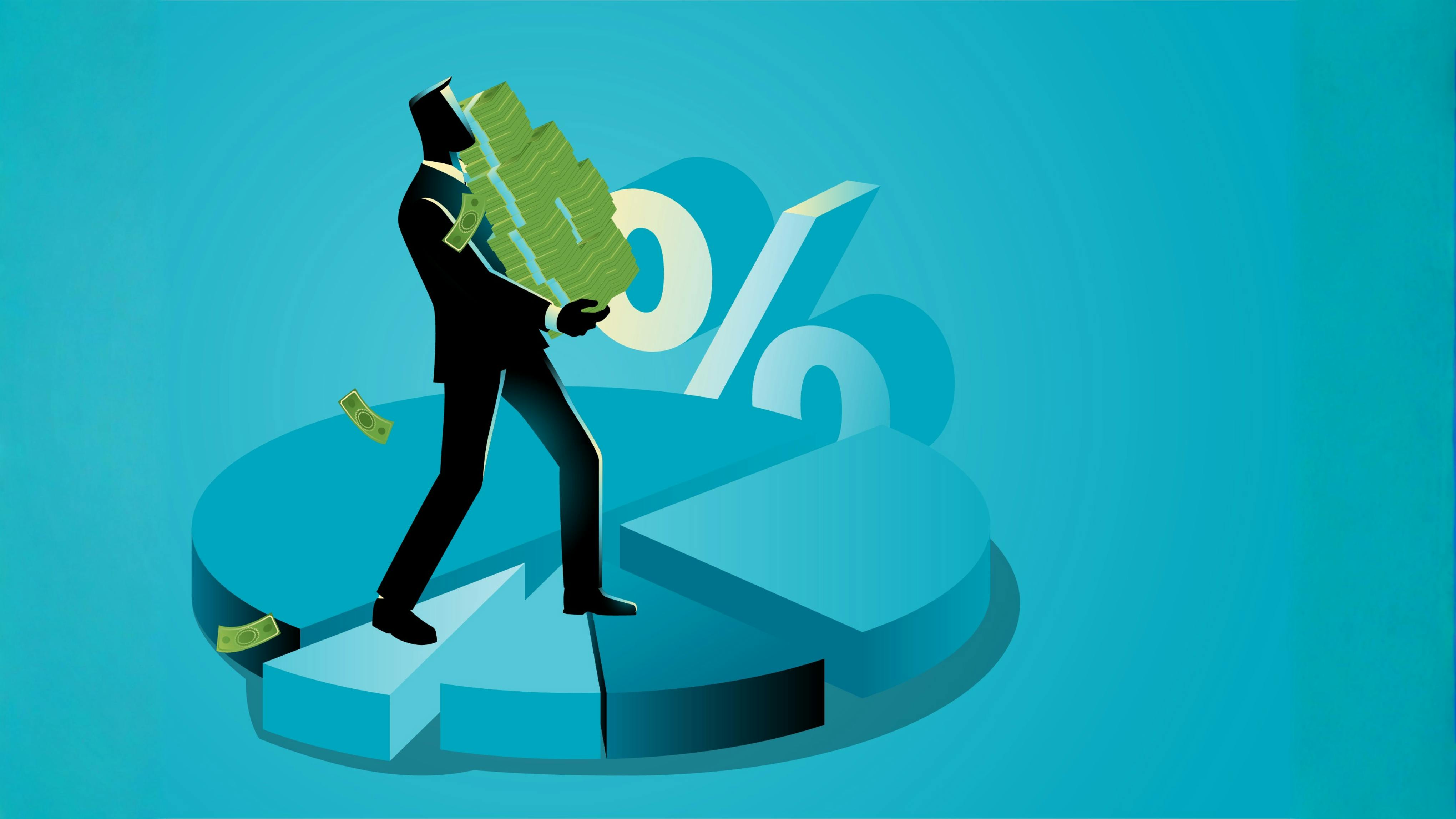 Illustration of man in suit carrying money, standing on a pie chart with % sign in the background