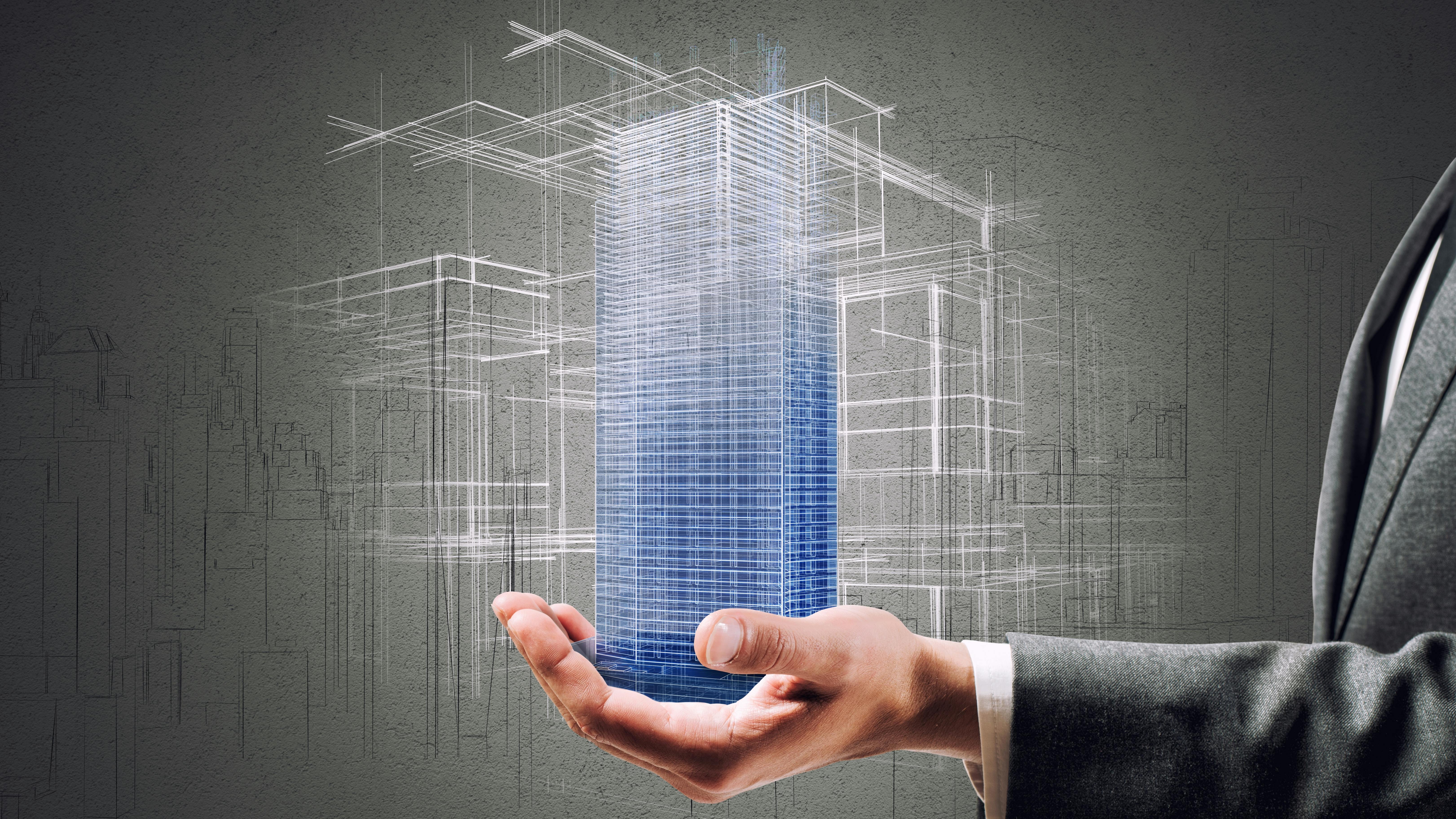 Conceptual illustration of businessman holding building blueprint