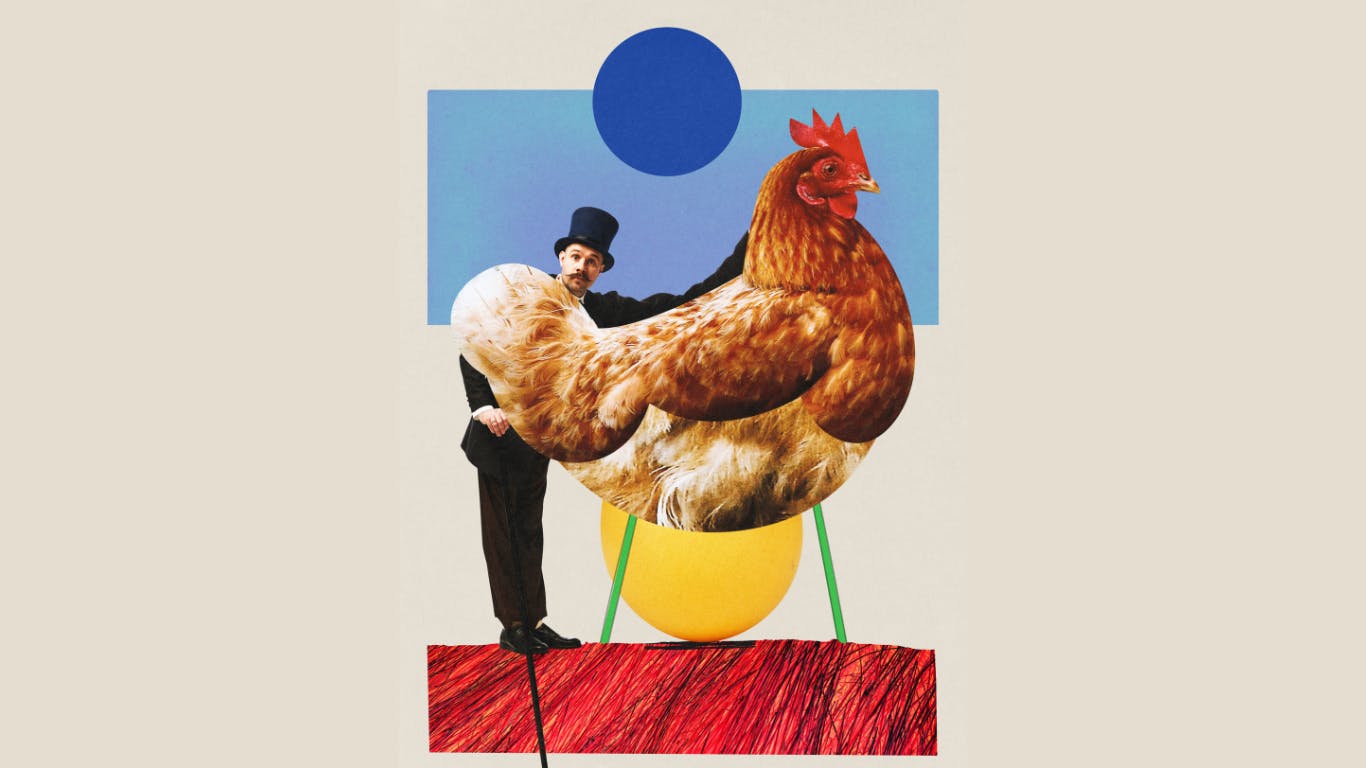whimsical art of a man standing beside a huge hen