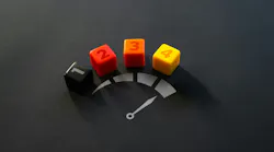 four dice with the numbers 1 through 4 above an illustration of a speedometer