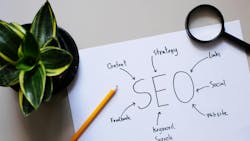 SEO doodle on paper and plant on a desk SEO doodle on paper and plant on a desk