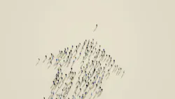 People standing in the shape of an arrow, following one person People standing in the shape of an arrow, following one person