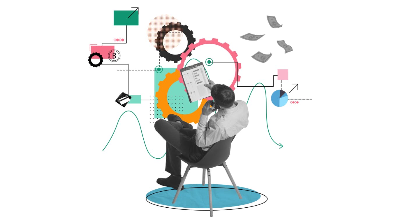 an illustration of a man sitting in a chair surrounded by visions of decisions
