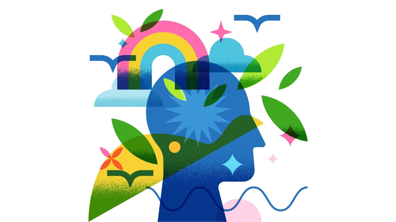 a silhouette of a man surrounded by rainbows, birds, leaves, and other concepts of whole-body wellness