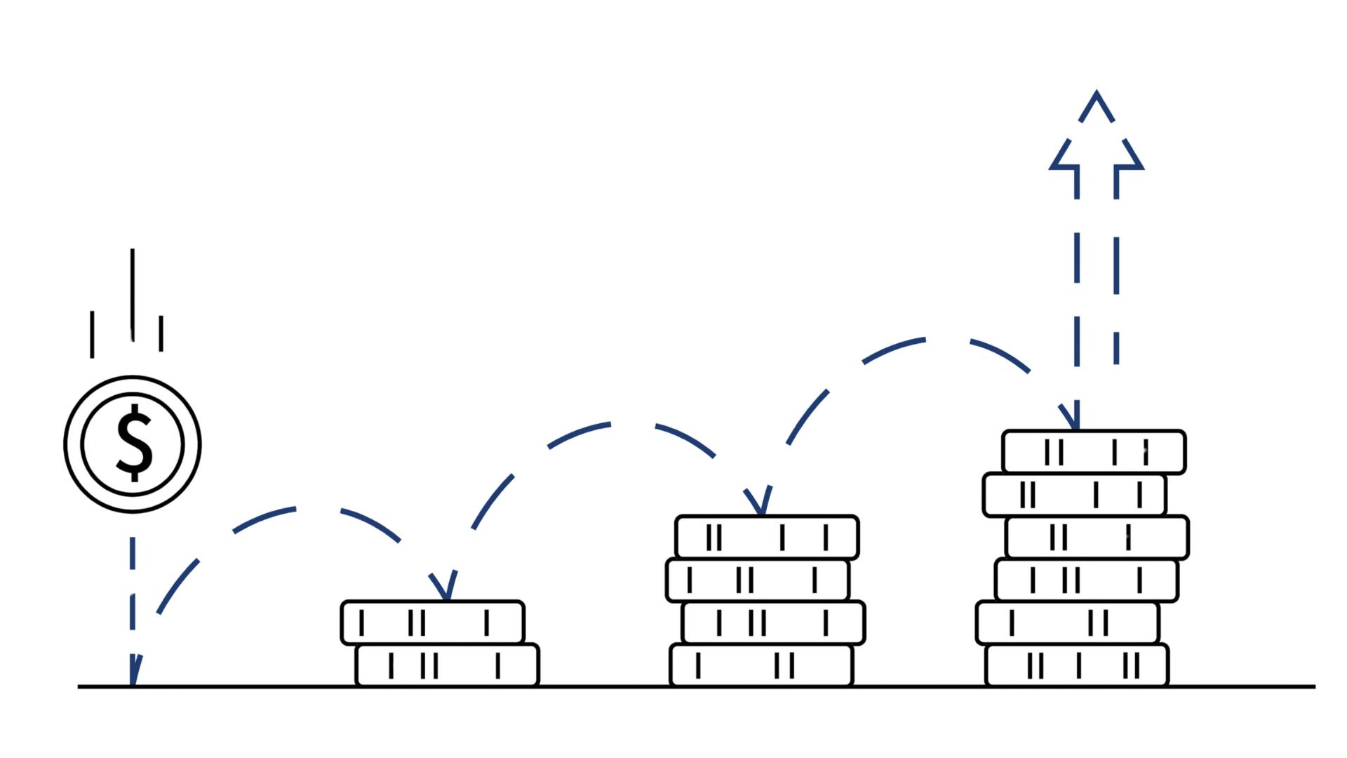 Illustration with stacked coins representing bars on a bar graph, trending upward