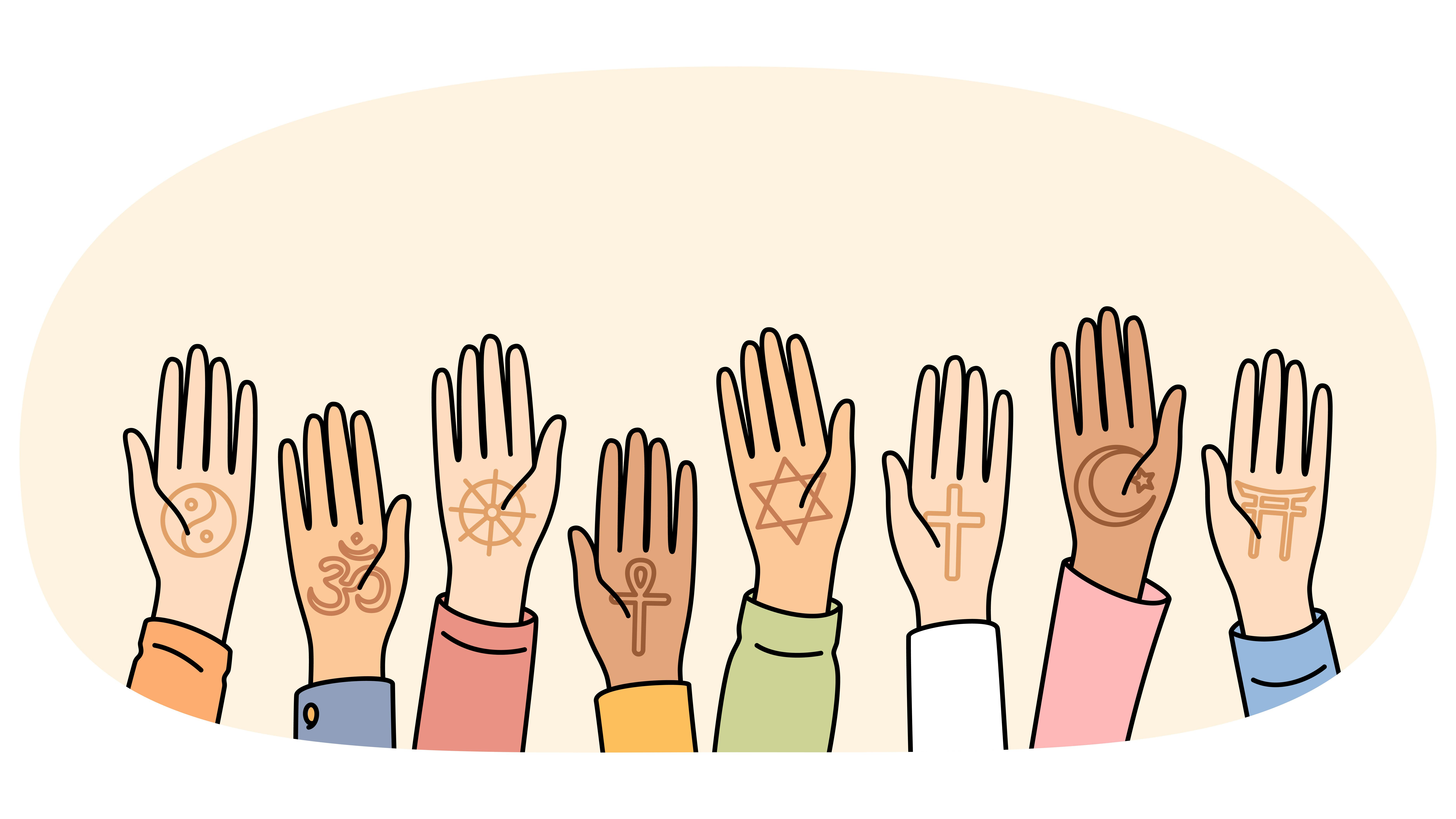 Illustration of hands bearing different world religion symbols