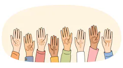 Illustration of hands bearing different world religion symbols Illustration of hands bearing different world religion symbols