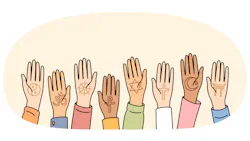Illustration of hands bearing different world religion symbols Illustration of hands bearing different world religion symbols