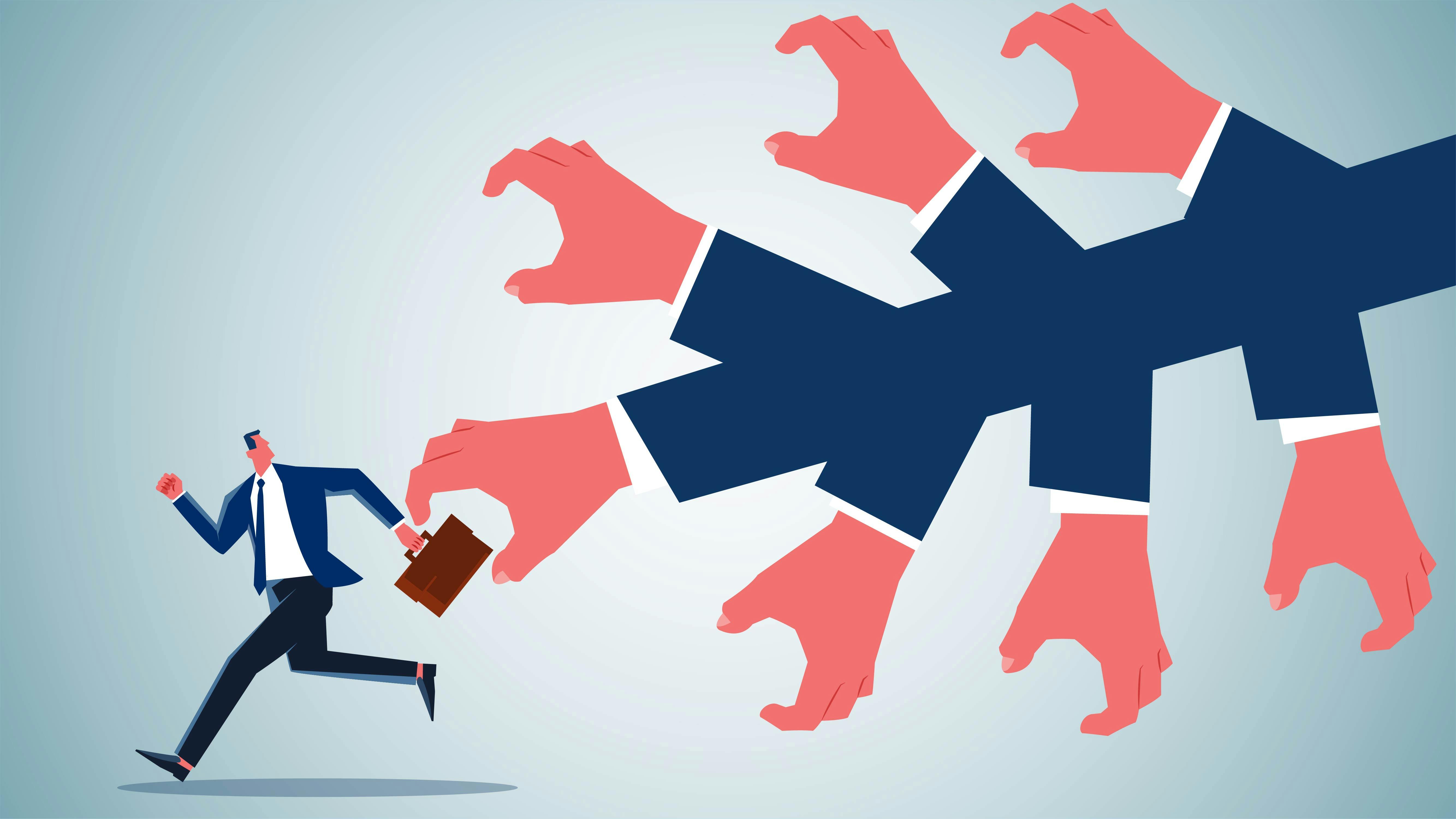 illustration of a man in a suit carrying a briefcase that lots of hands are trying to grab