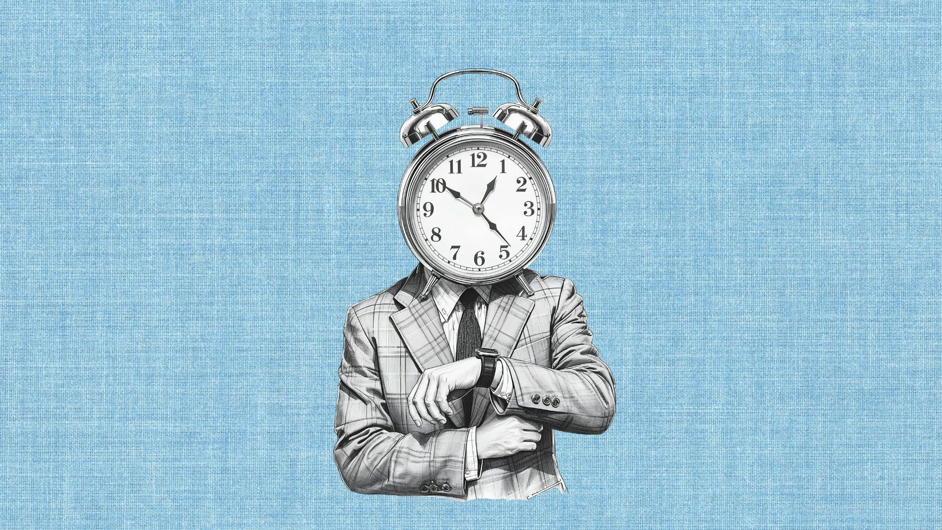 Surreal illustration of a man with a clock for a head