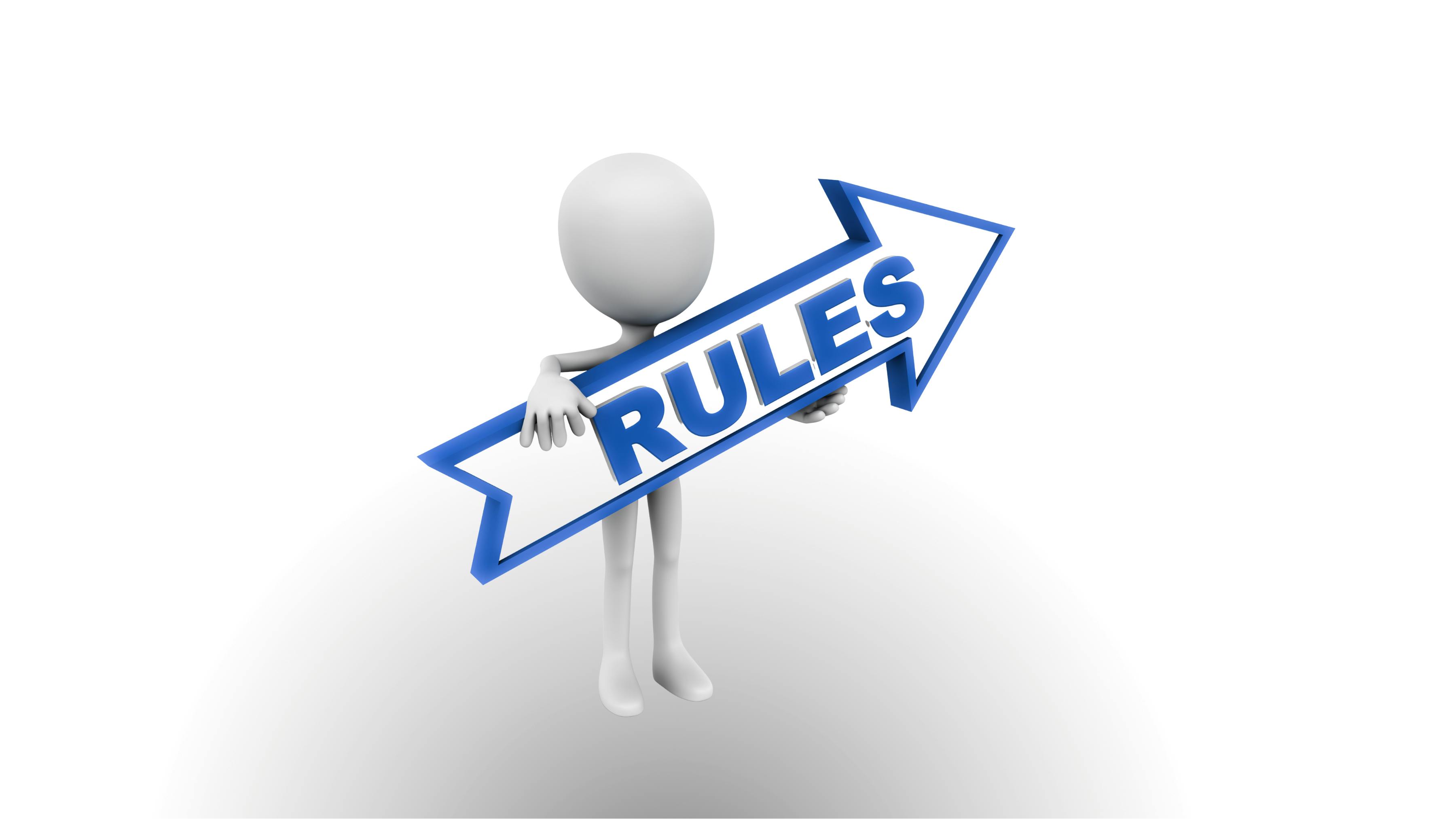 Little cartoon man holding sign that says 'rules'